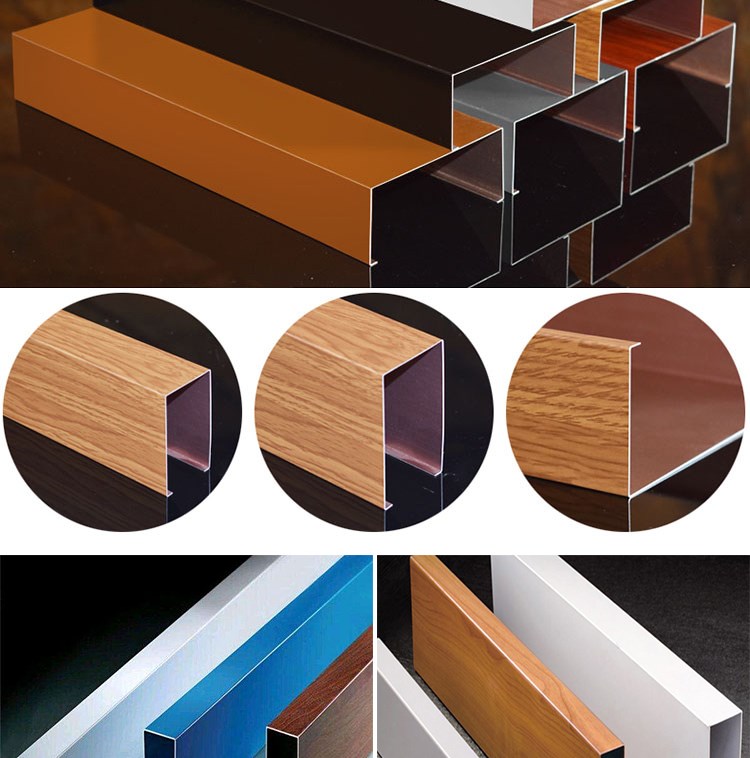 Aluminum baffle profile details and woodgrain, white, blue and solid-color surface options