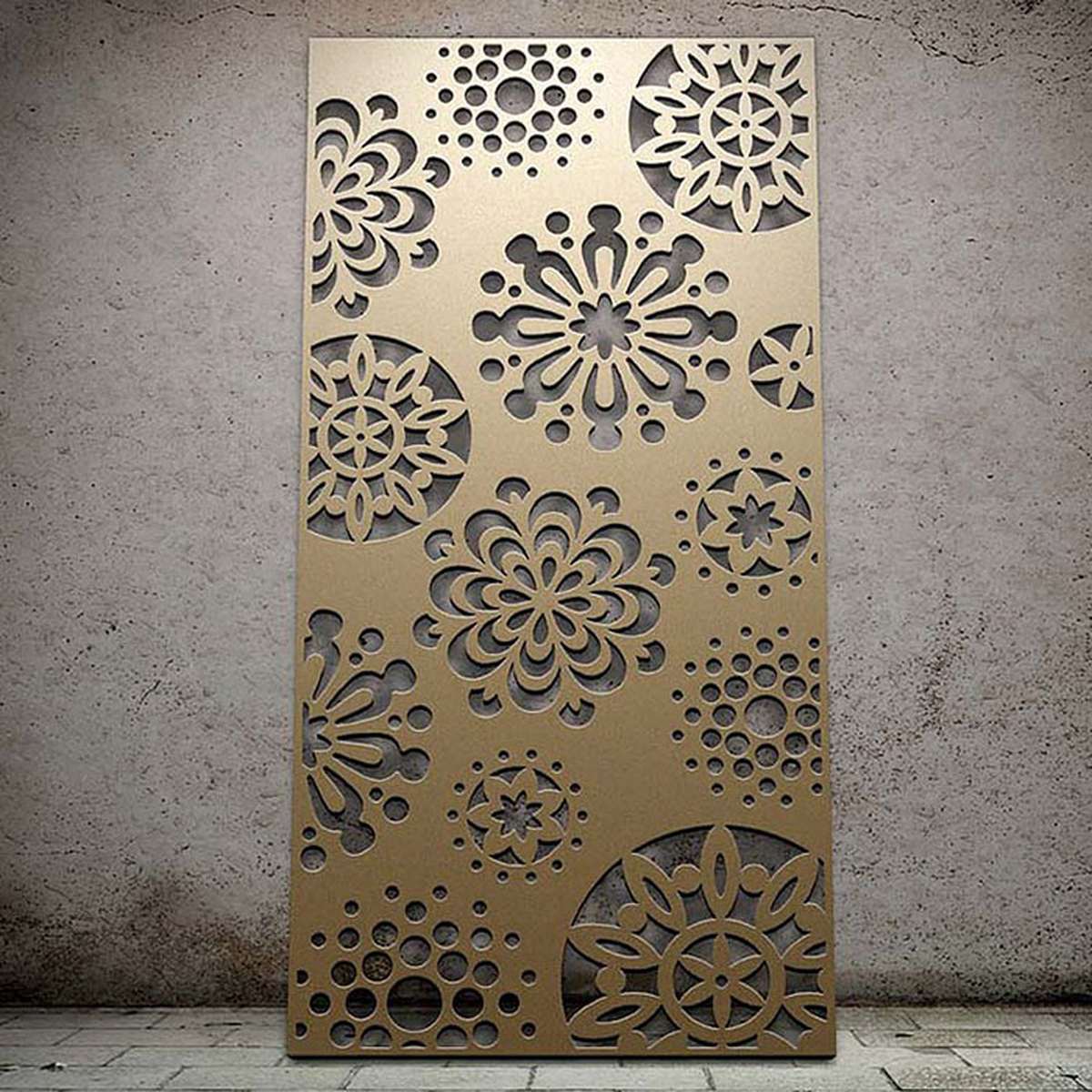Decorative panel with floral cutouts and varied circular motifs