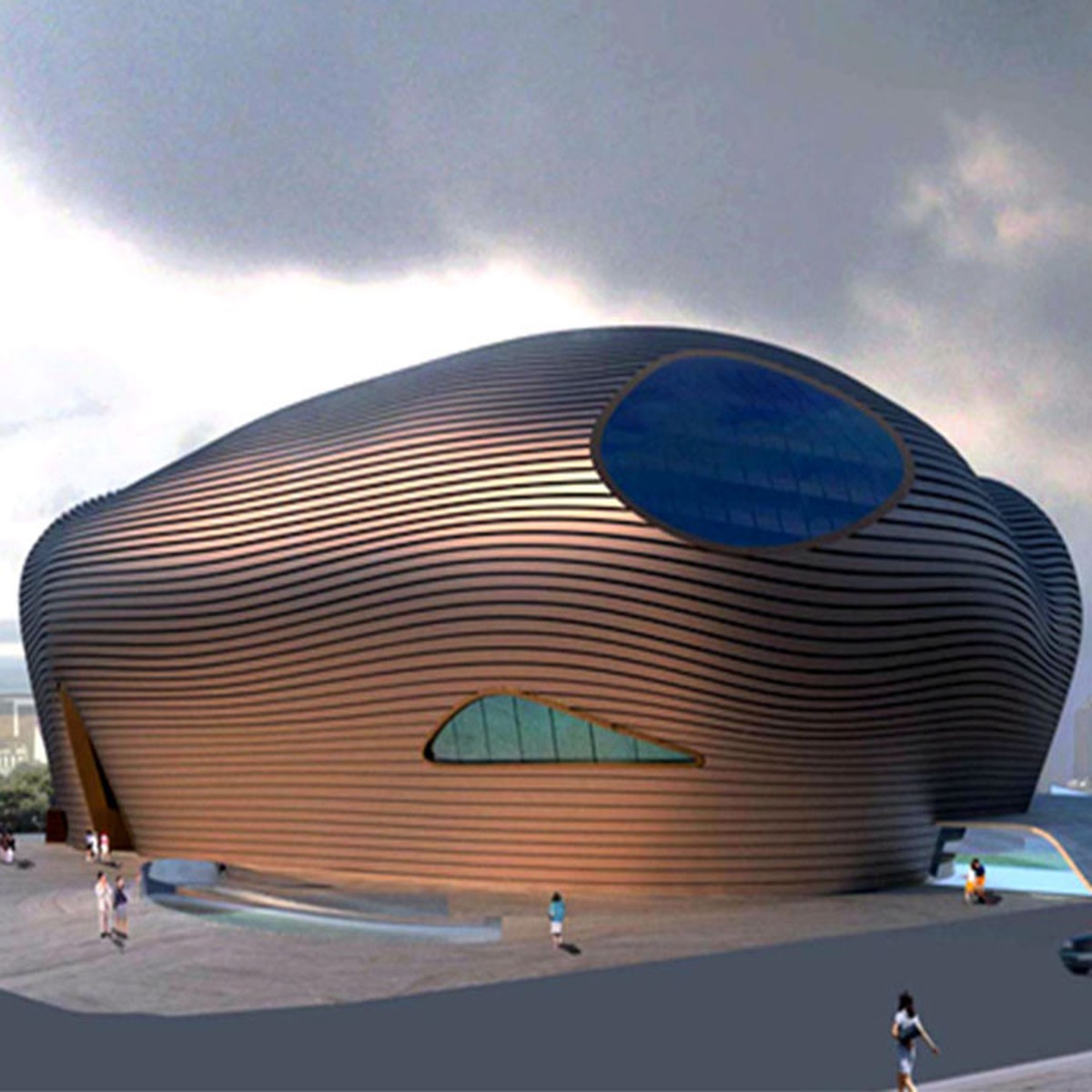Rounded freeform building envelope with bronze-toned horizontal bands